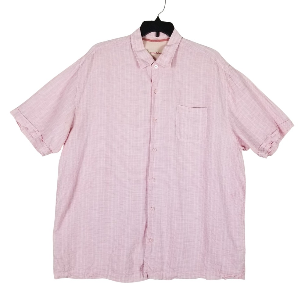 Tommy Bahama Button Down Men XXL Pink Linen Short Sleeve Slub Shirt